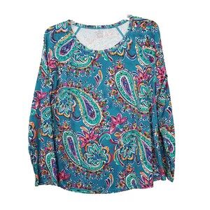 T by Talbots Cotton Blend Green Paisley Seam Detail Long Sleeve Knit Top XLP